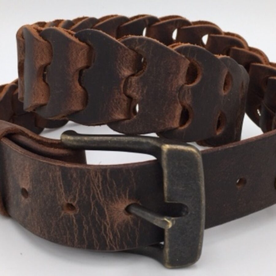 1.5" Adjustable Genuine Bridle Leather Belt - Western Link Handmade design - Solid Brass Removeable Buckle