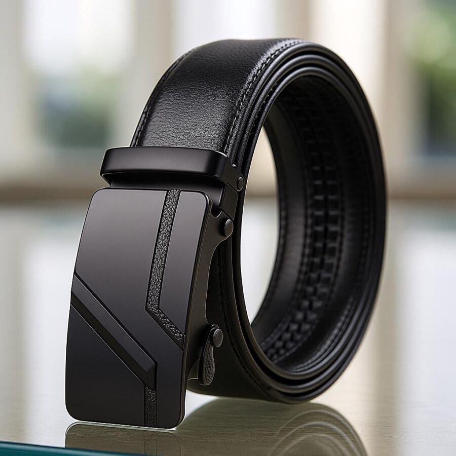 Men's Automatic Ratchet Split Leather Belt – Adjustable Black Buckle