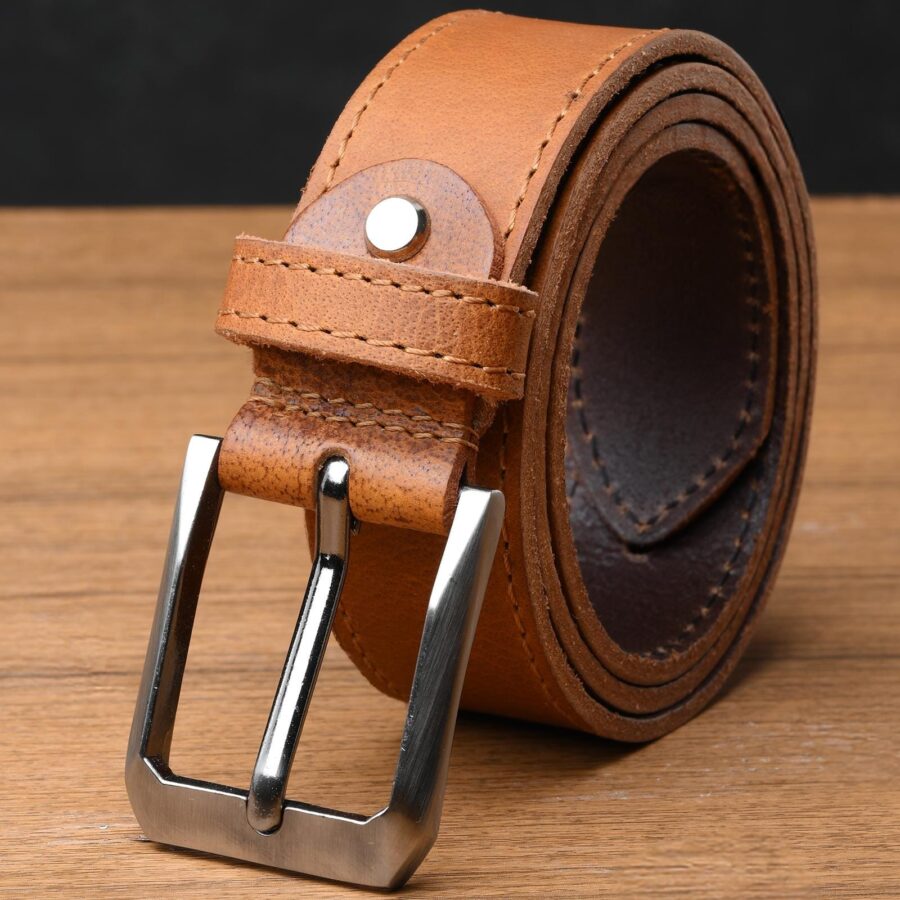 Men's Genuine Leather Belt 35mm Width Polished Buckle Classic Formal Tan Belt