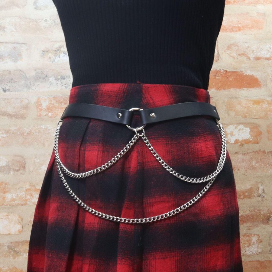 Black Leather Hip Belt – Twisted Nickel Chains, Punk Rock Style, Handmade